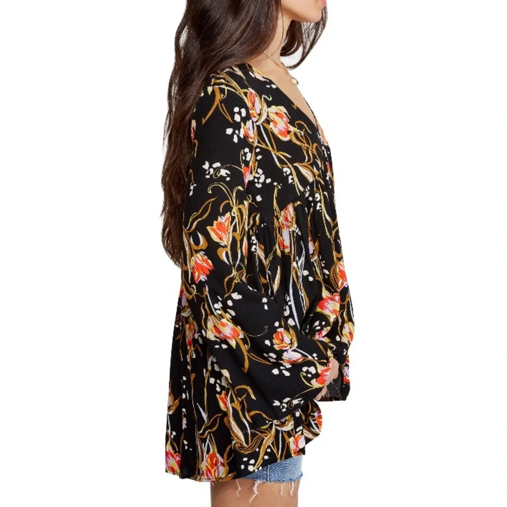 Free People Bella Printed Black Onyx Floral Tunic Size Medium